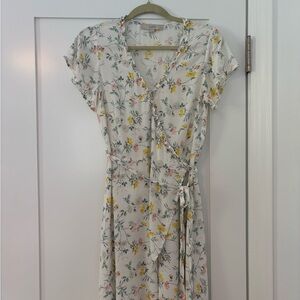 LOFT Yellow and Gray Wrap Sundress with Flutter Sleeves